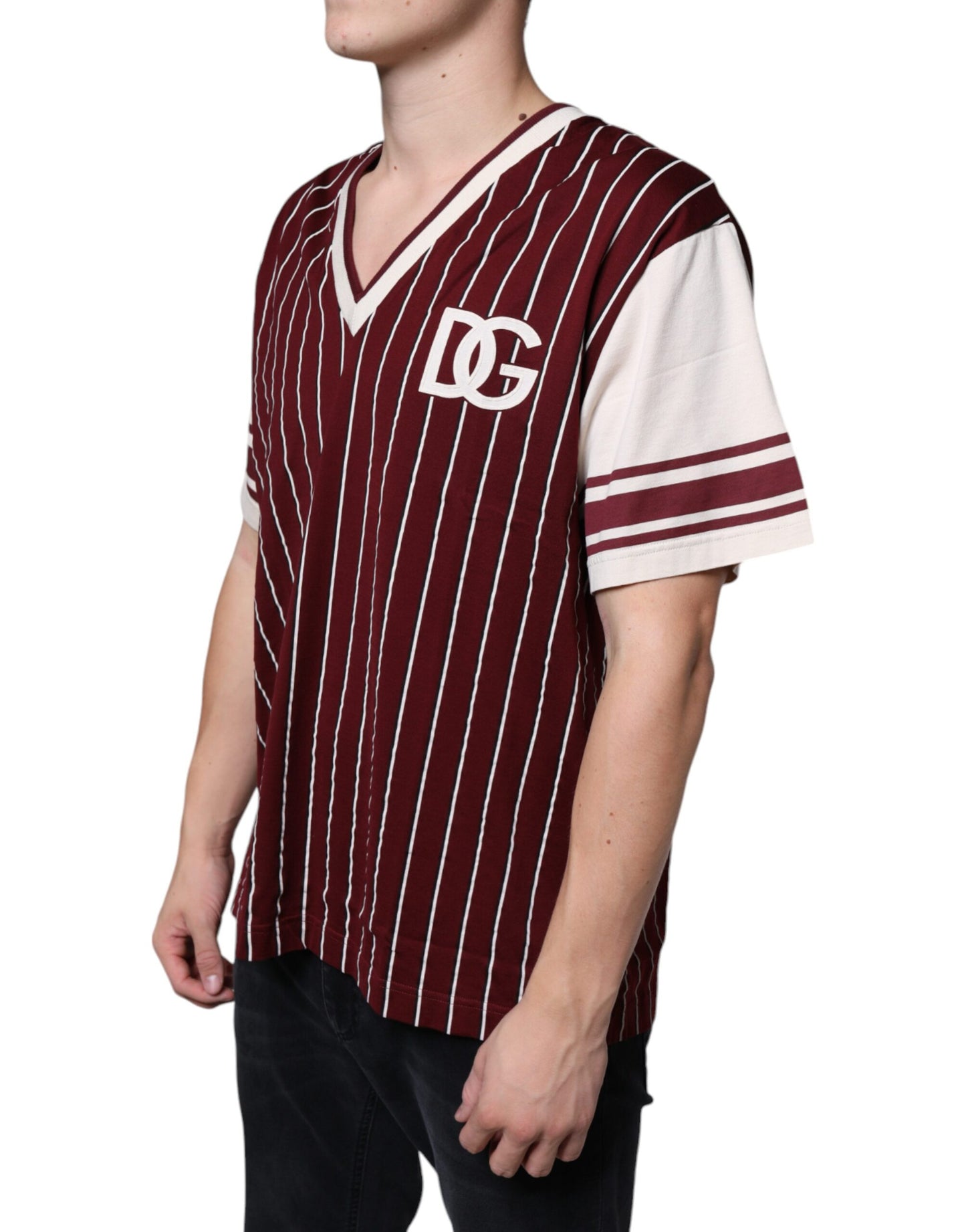 Maroon Stripes Cotton Logo V-neck T-shirt