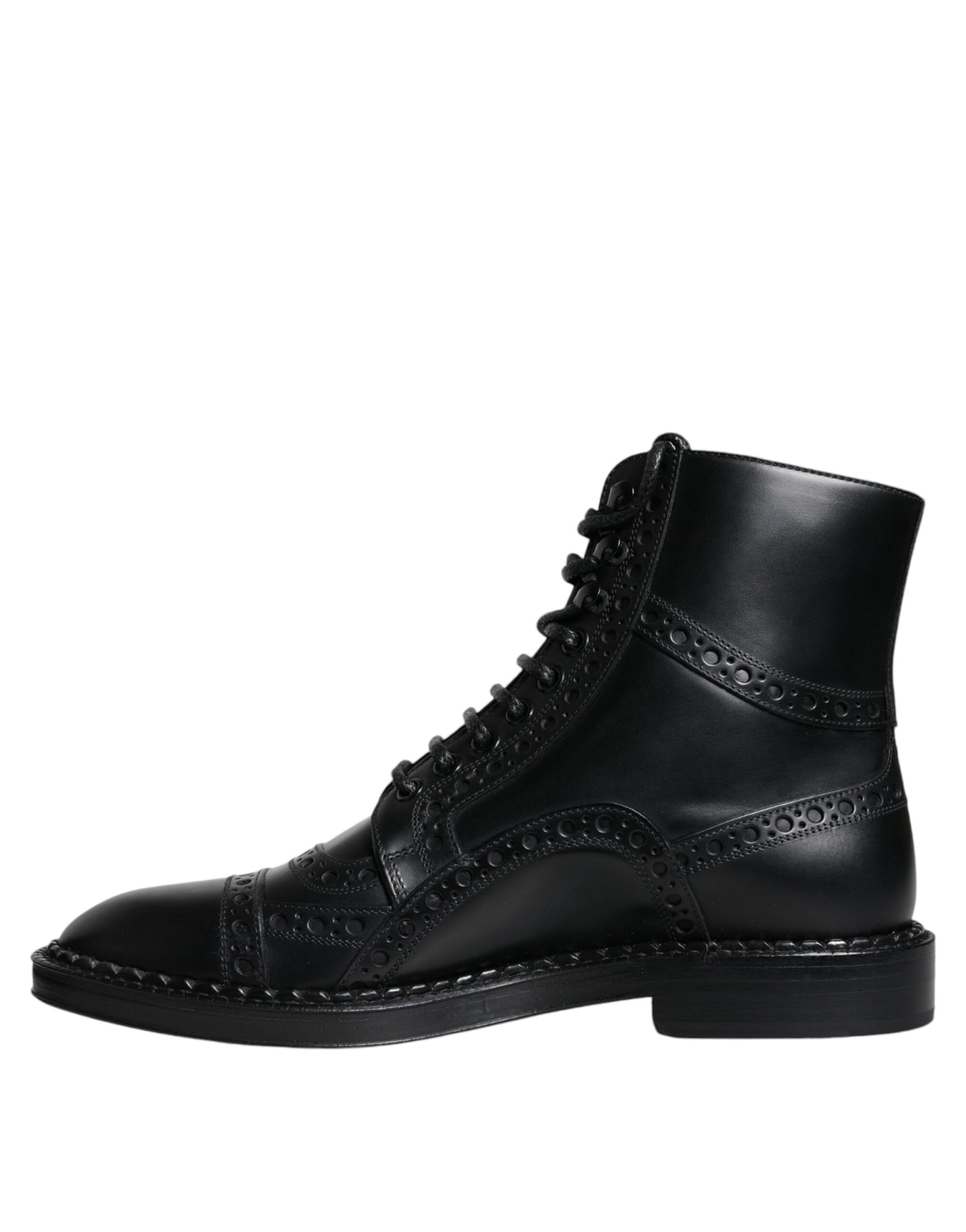 Black Leather Lace Up Mid Calf Boots Shoes