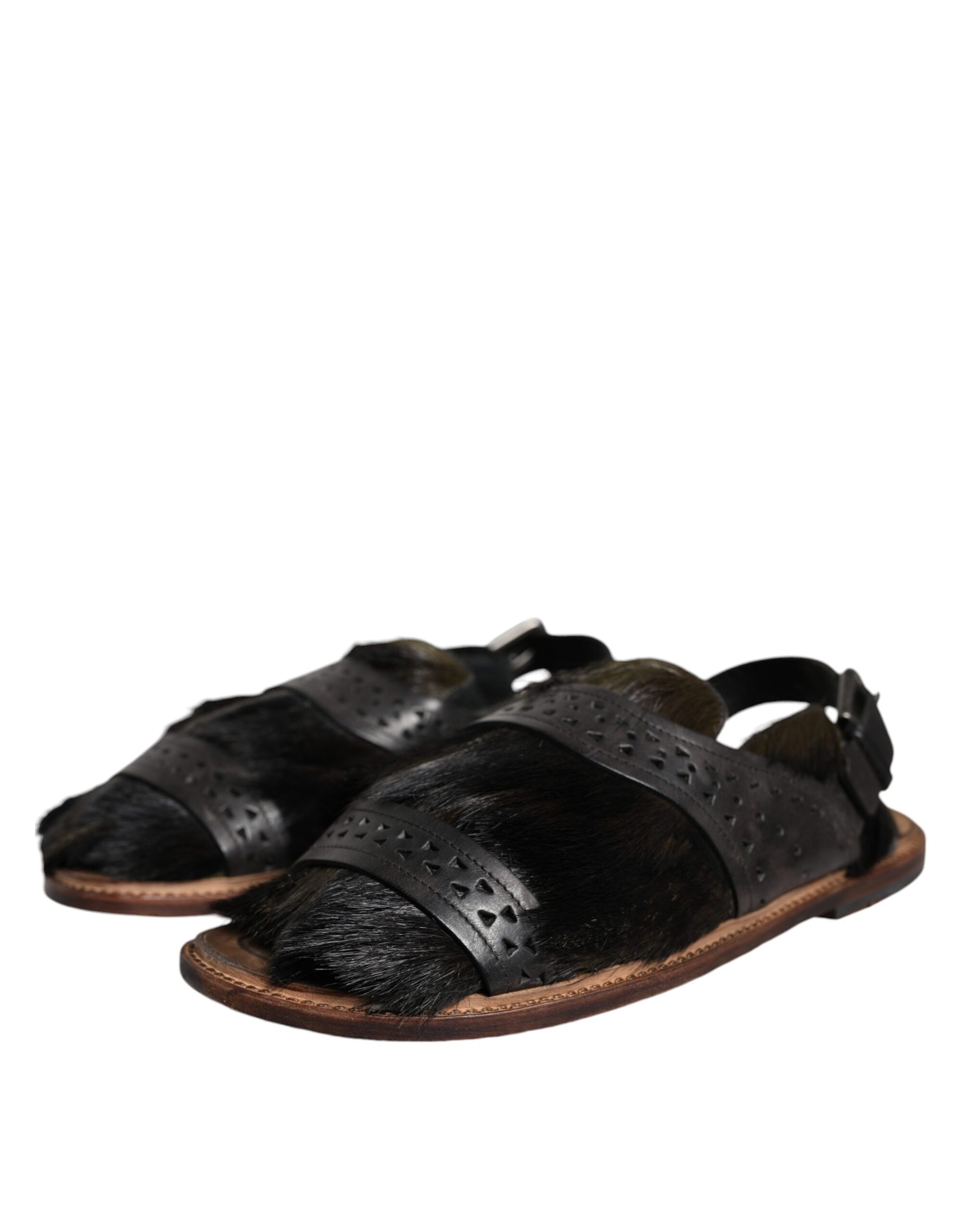 Black Gazelle Hair Leather Flats Sandals Shoes