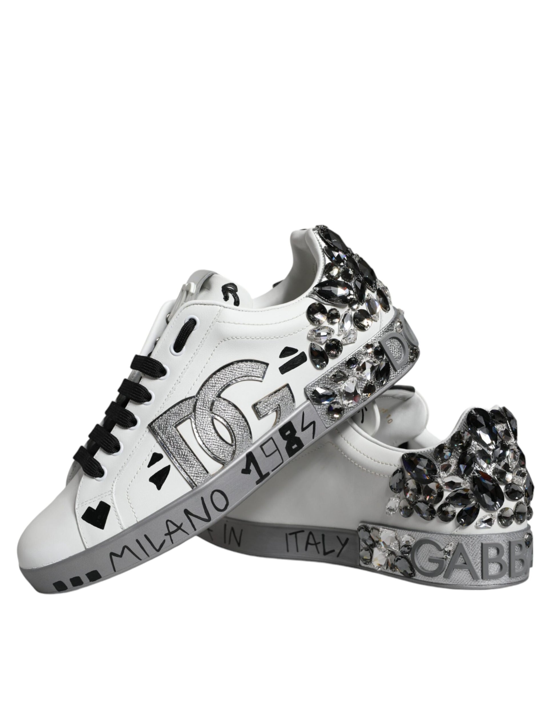 White Silver Crystal Logo Portofino Sneakers Shoes