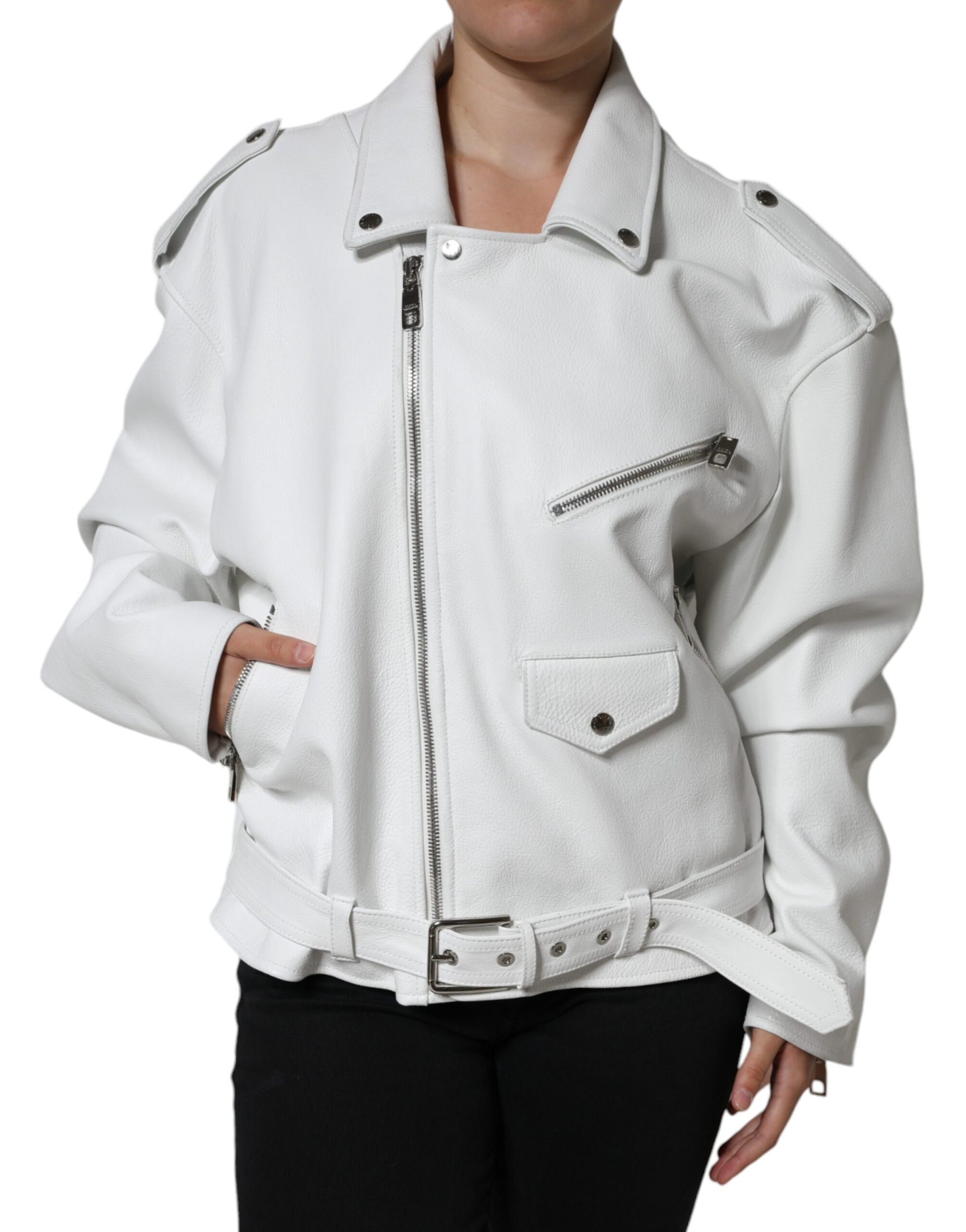 White Lambskin Leather Biker Coat Jacket