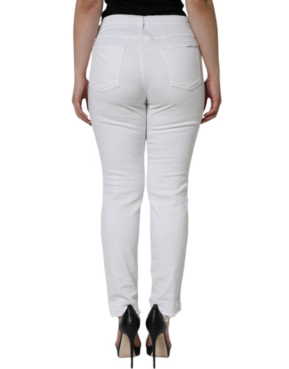 White Cotton Stretch Tattered Skinny Jeans