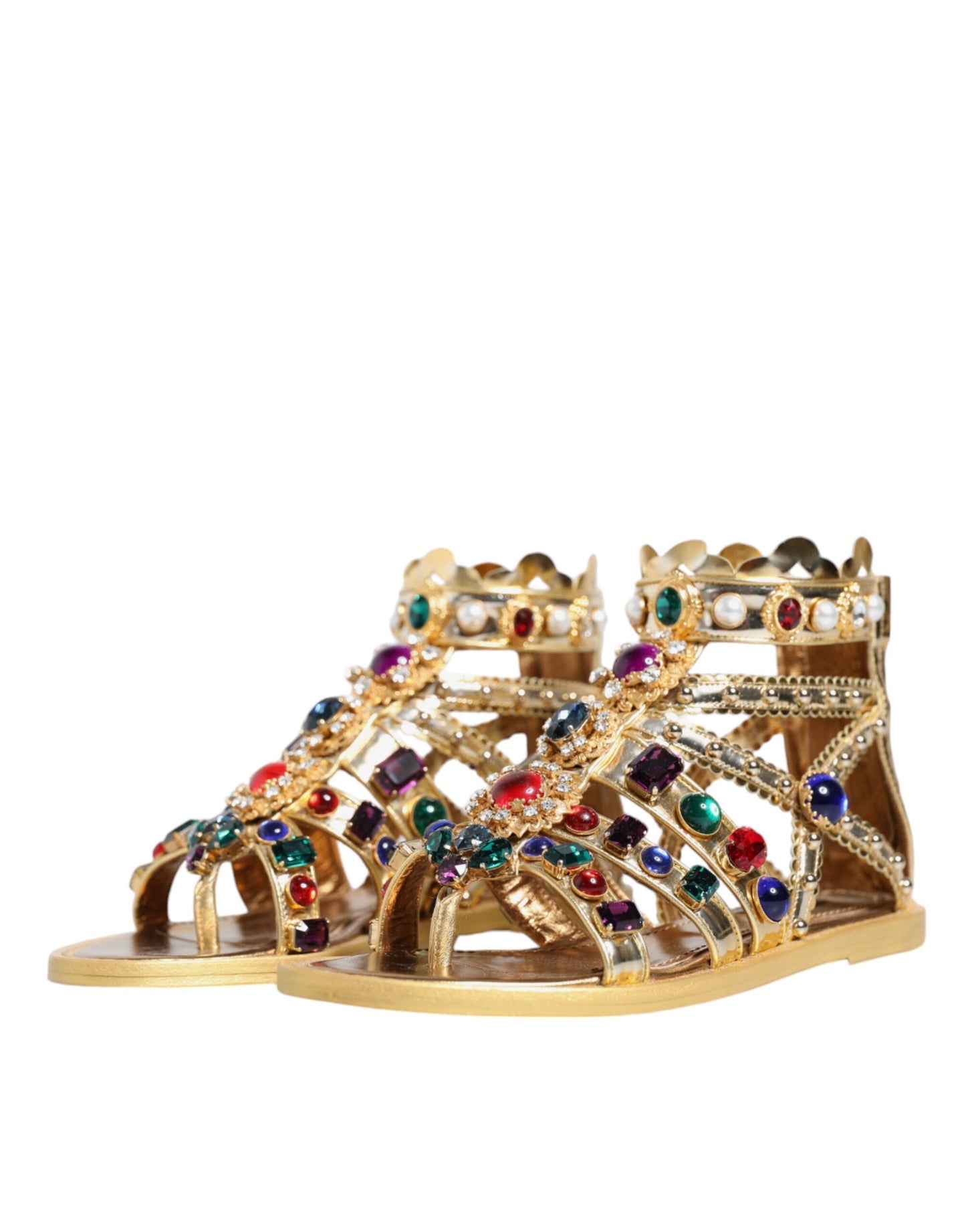 Gold Leather Crystal Gladiator Sandals Flats Shoes