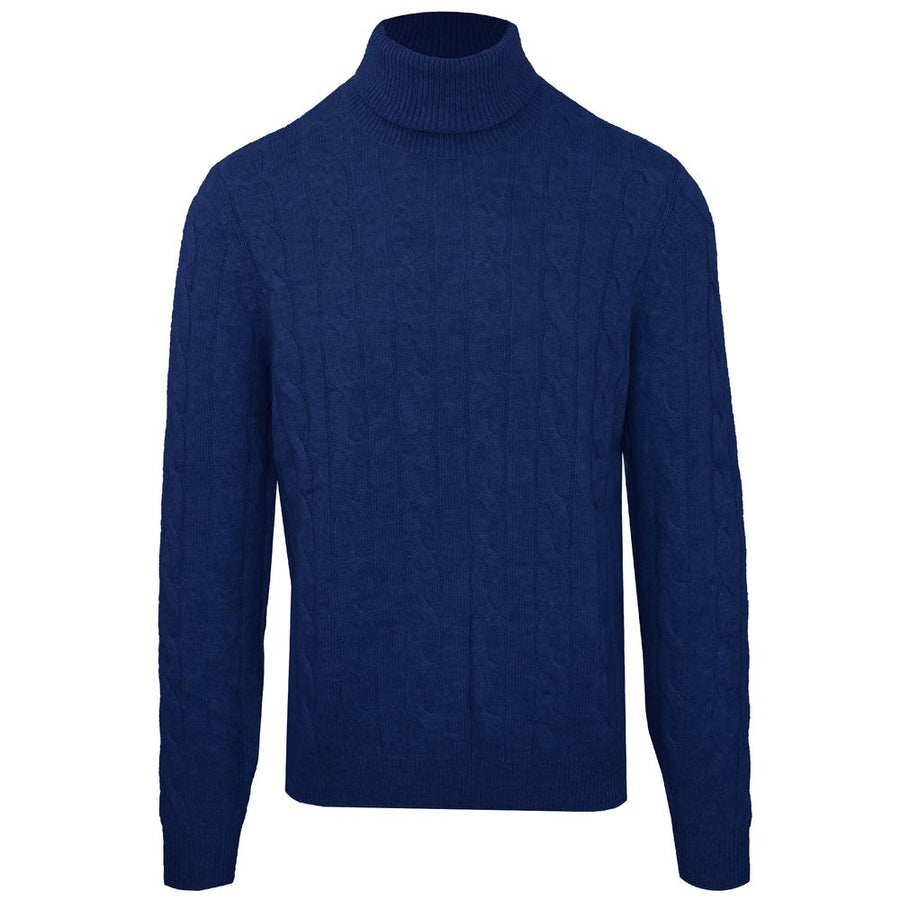 Blue Wool Men Sweater Turtleneck