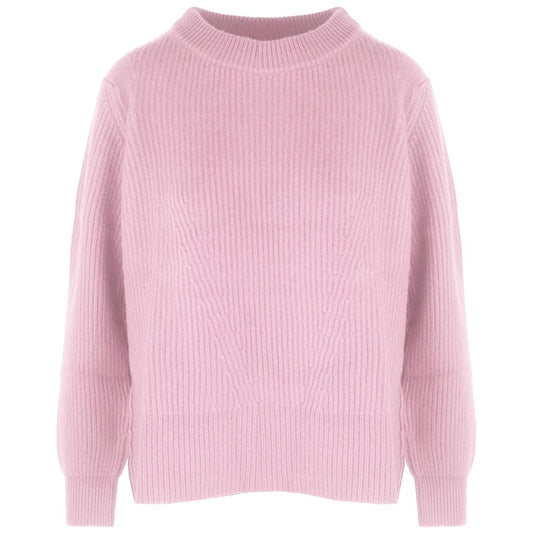 Pink Cashmere Women Sweater with Ribbed Embroidery