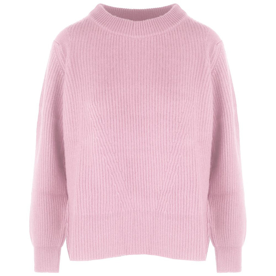 Pink Cashmere Women Sweater with Ribbed Embroidery