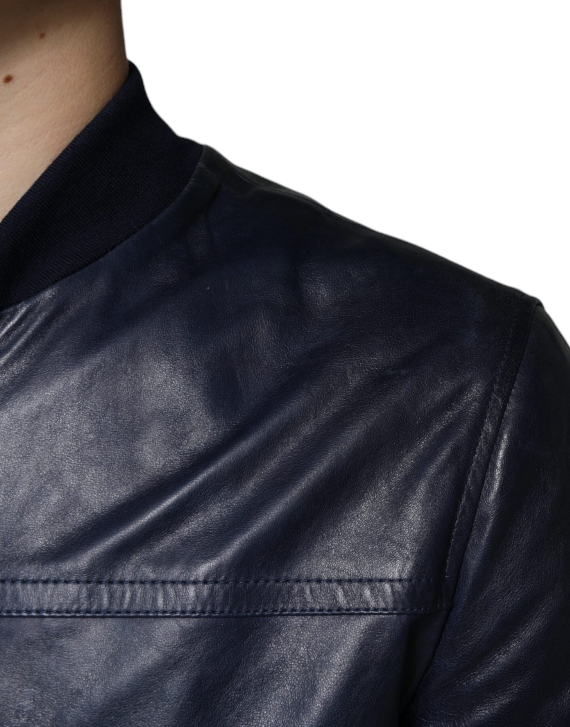 Blue Lambskin Leather Full Zip Biker Jacket