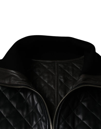 Black Calf Leather Quilted Full Zip Jacket