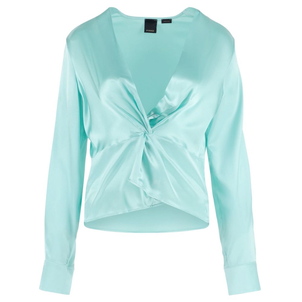 Green Silk Women Blouse with Deep V-Neck and Cuff Sleeves