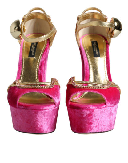 Pink Velvet Platform Ankle Strap Heel Sandals Shoes