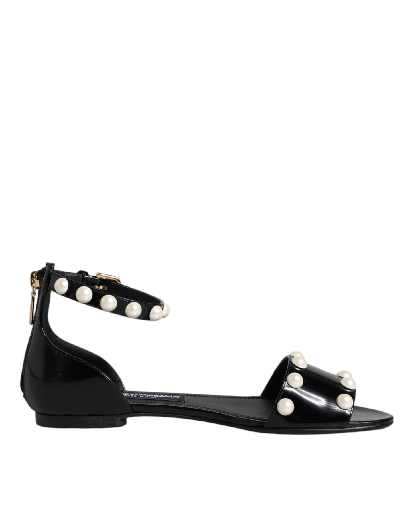 Black Leather Pearls Ankle Strap Sandals Shoes