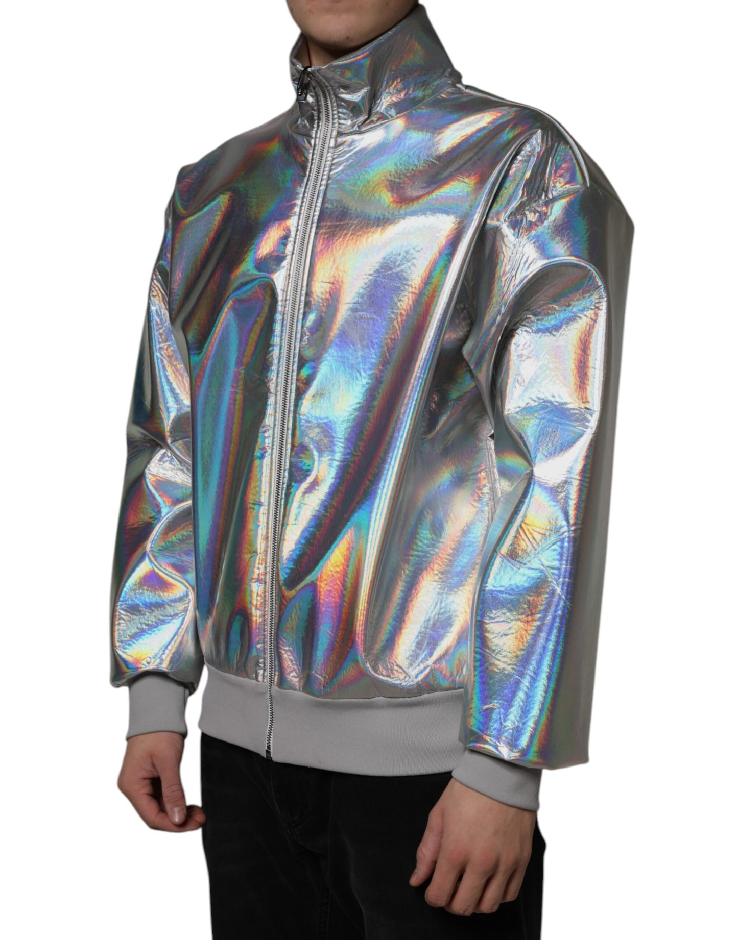 Silver Iridescent Full Zip Men Bomber Jacket