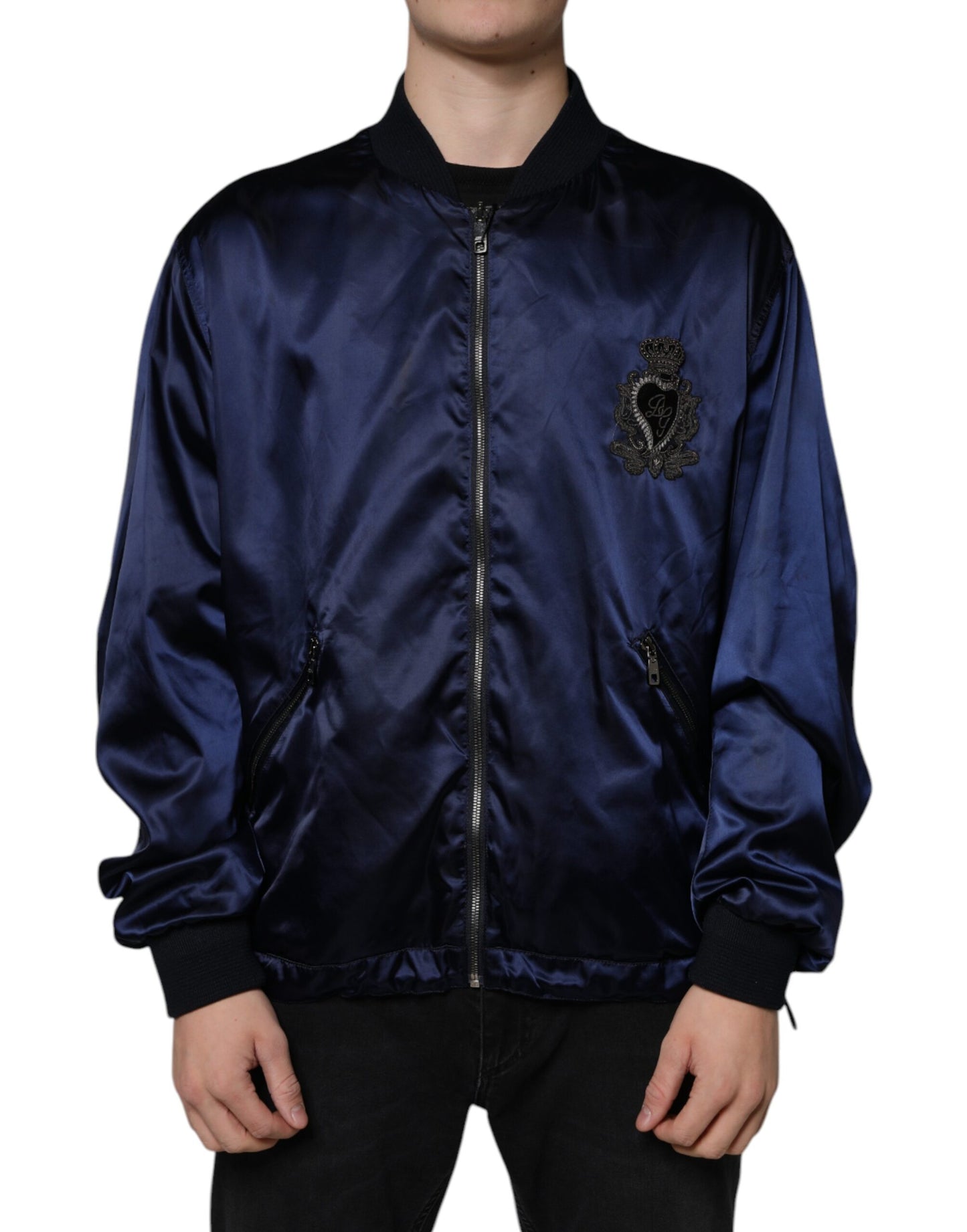 Blue Crown Heart Full Zip Men Bomber Jacket