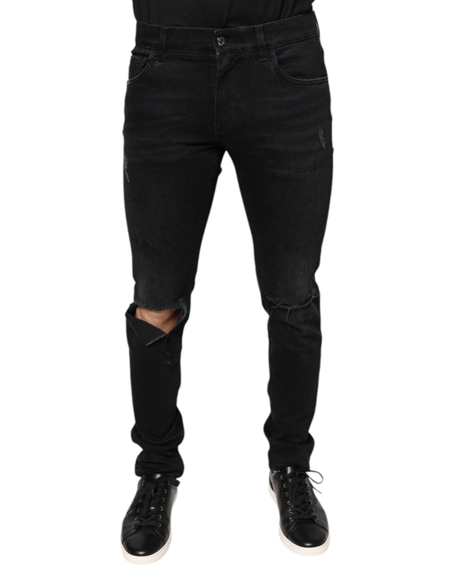 Black Tattered Cotton Skinny Men Denim Jeans