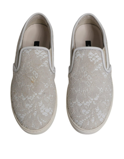 White Floral Lace Slip On Loafers Shoes