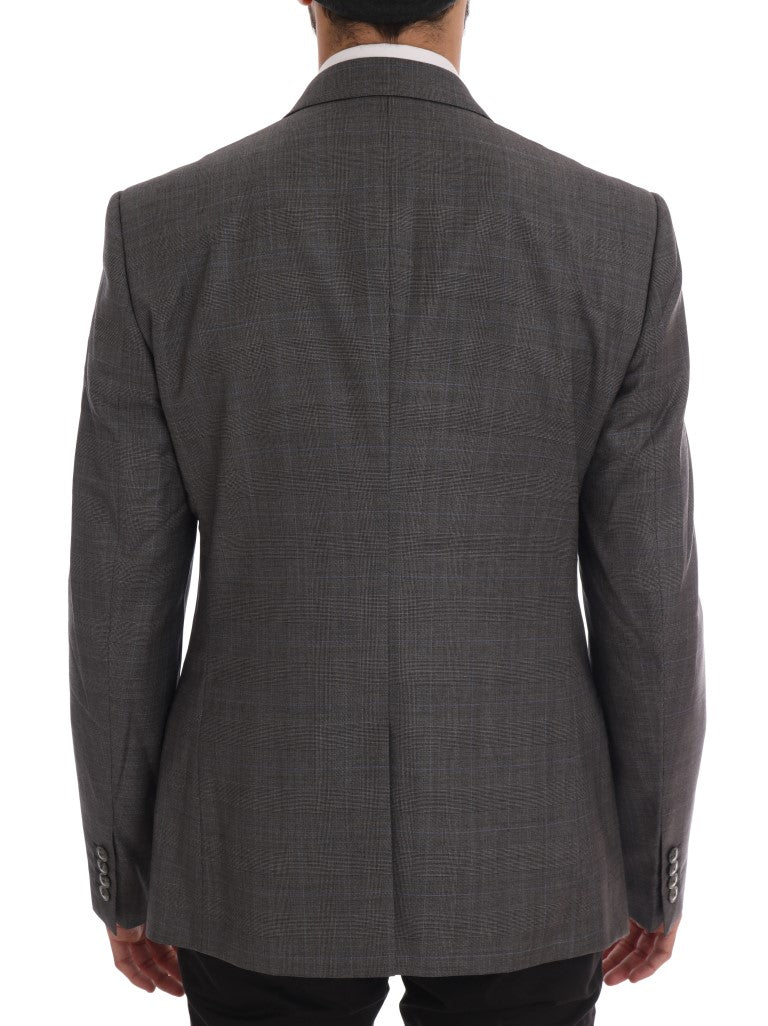 Sleek Gray Checkered Wool Blazer