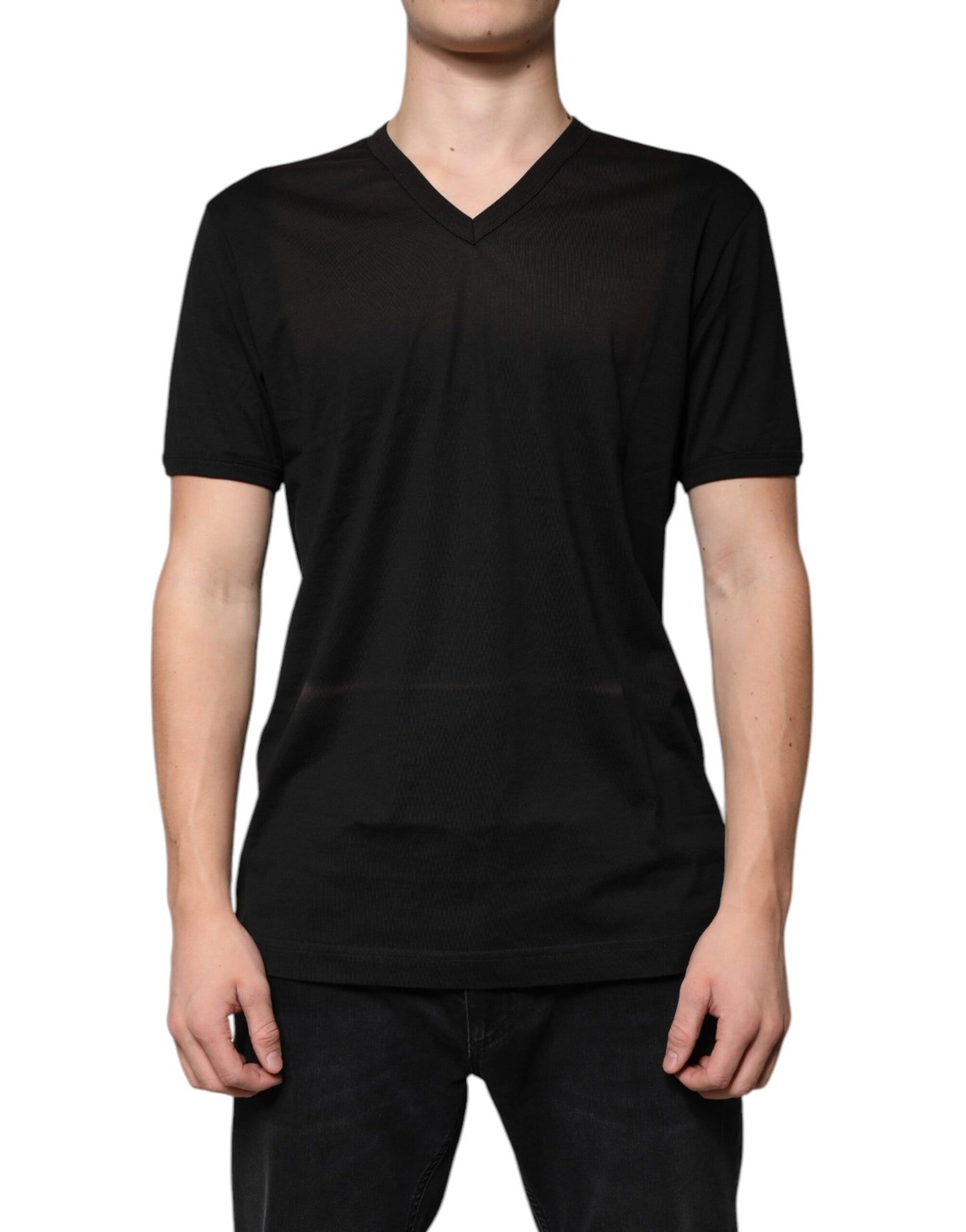 Black Cotton V-neck Short Sleeve T-shirt