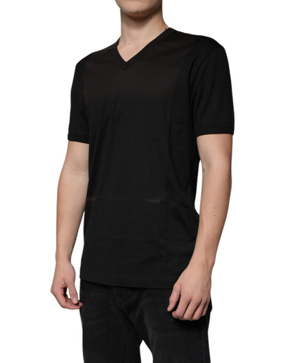 Black Cotton V-neck Short Sleeve T-shirt