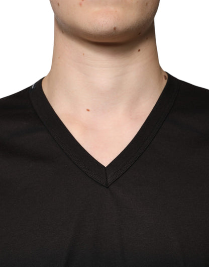 Black Cotton V-neck Short Sleeve T-shirt