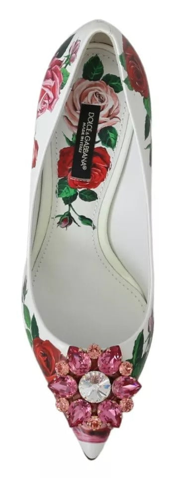 White Leather Roses Crystal Pumps Shoes