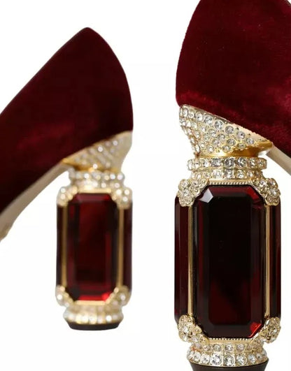 Red Velvet Gold Crystals Heels Mary Janes Shoes