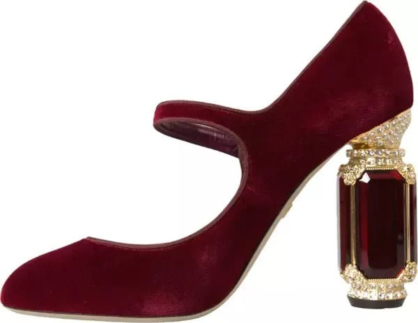 Red Velvet Gold Crystals Heels Mary Janes Shoes