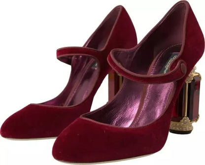 Red Velvet Gold Crystals Heels Mary Janes Shoes