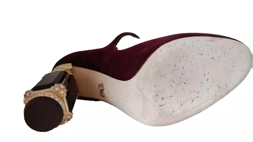 Red Velvet Gold Crystals Heels Mary Janes Shoes