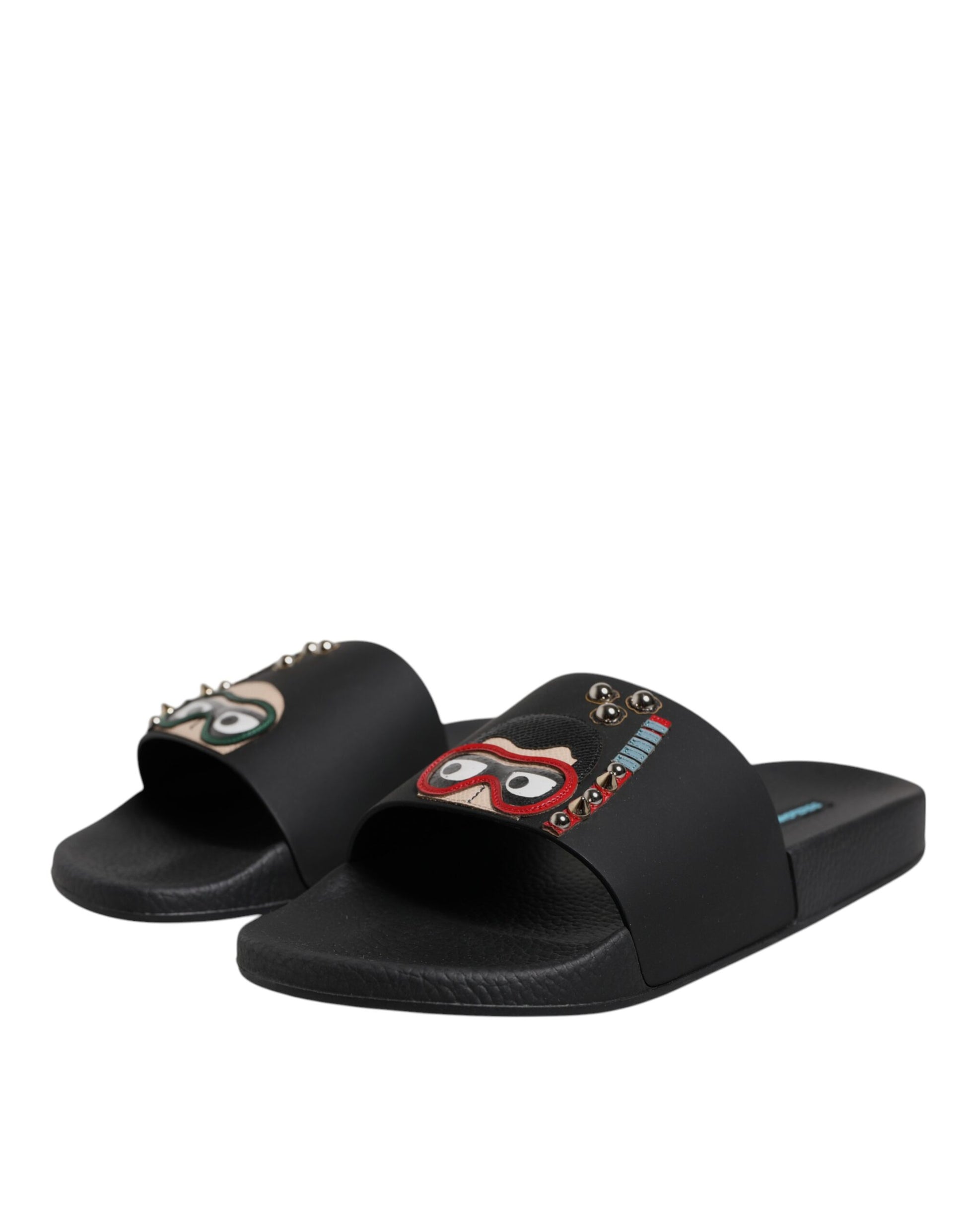 Black Divers Leather Flats Slides Sandals Beachwear Shoes