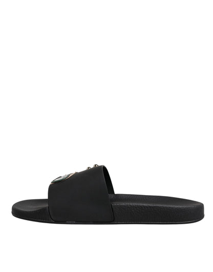 Black Divers Leather Flats Slides Sandals Beachwear Shoes