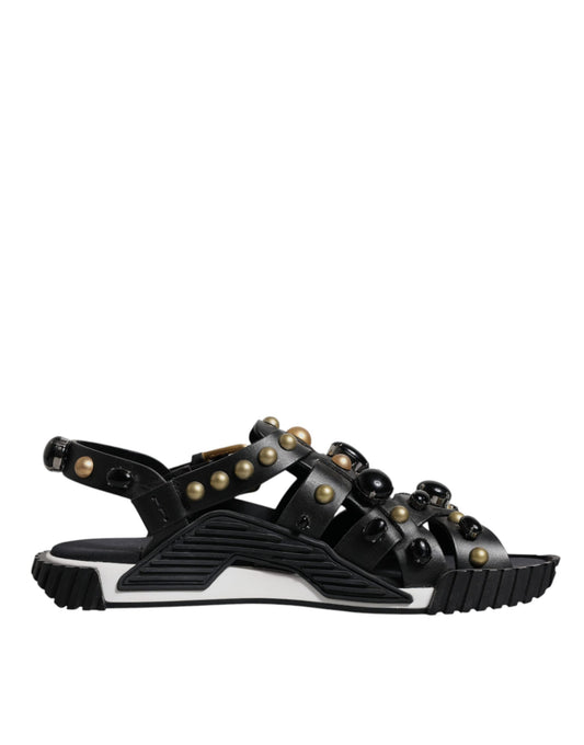 Black Leather Studded Slides Sandals Shoes