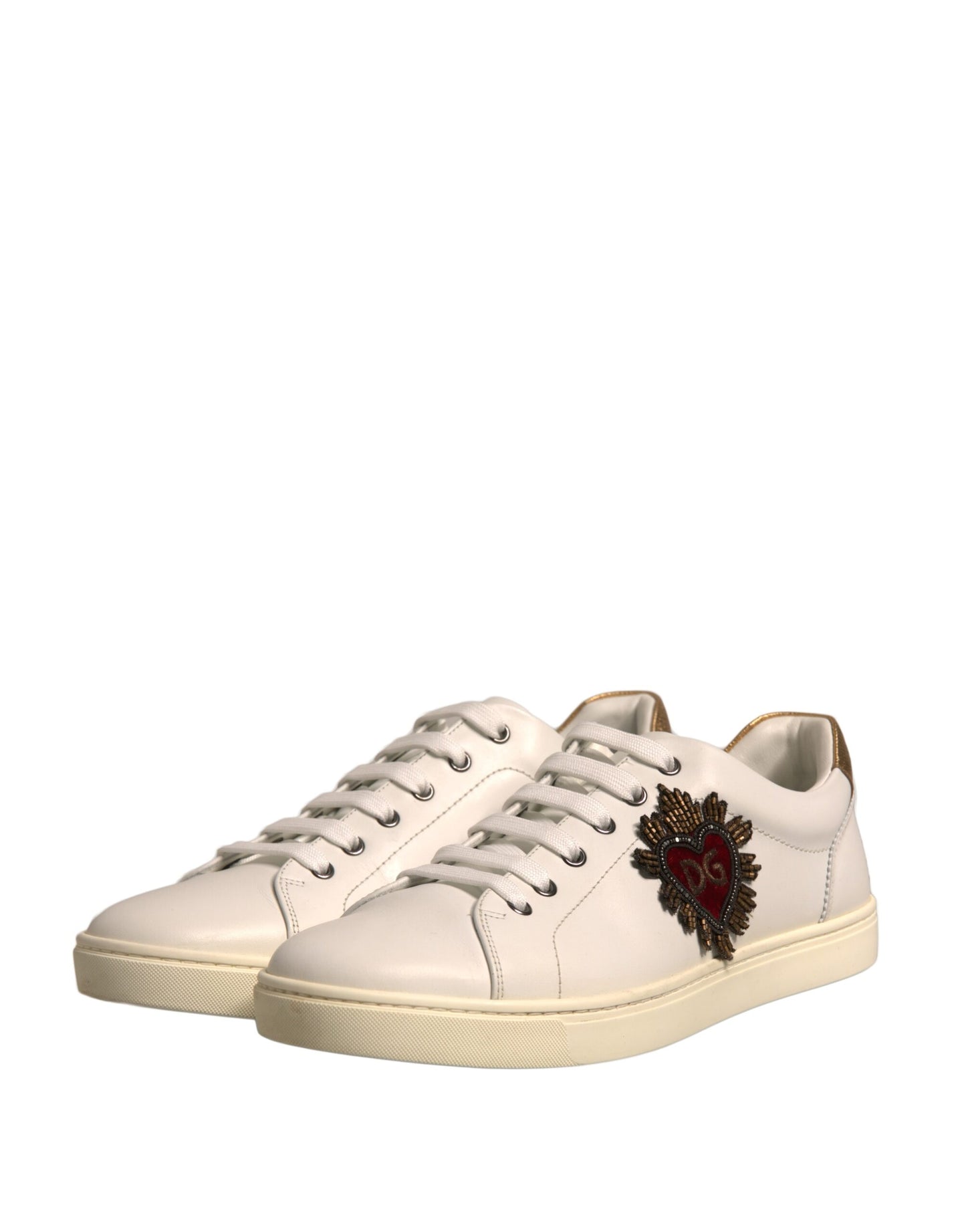 White Leather Heart Embellished Sneakers Shoes