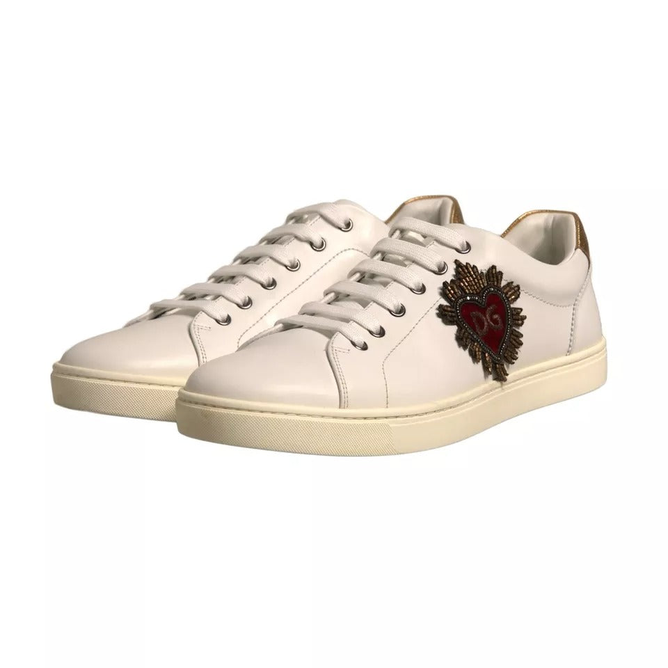 White Leather Heart Embellished Sneakers Shoes