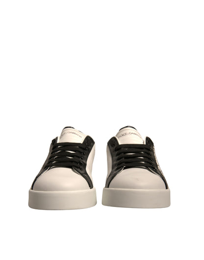 White Black Leather Crown Milano Sneakers Shoes