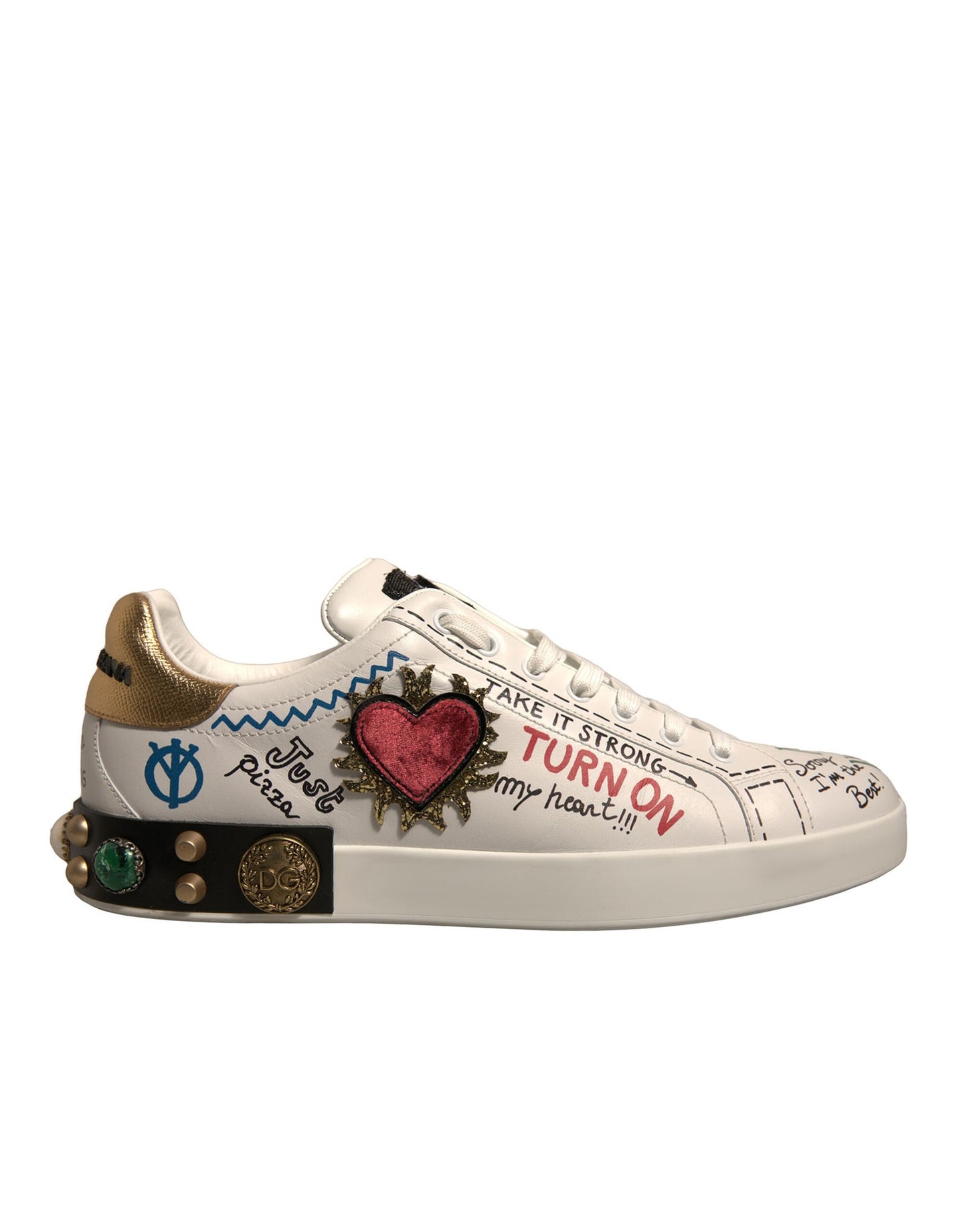 White Heart Studded Low Top Sneakers Shoes