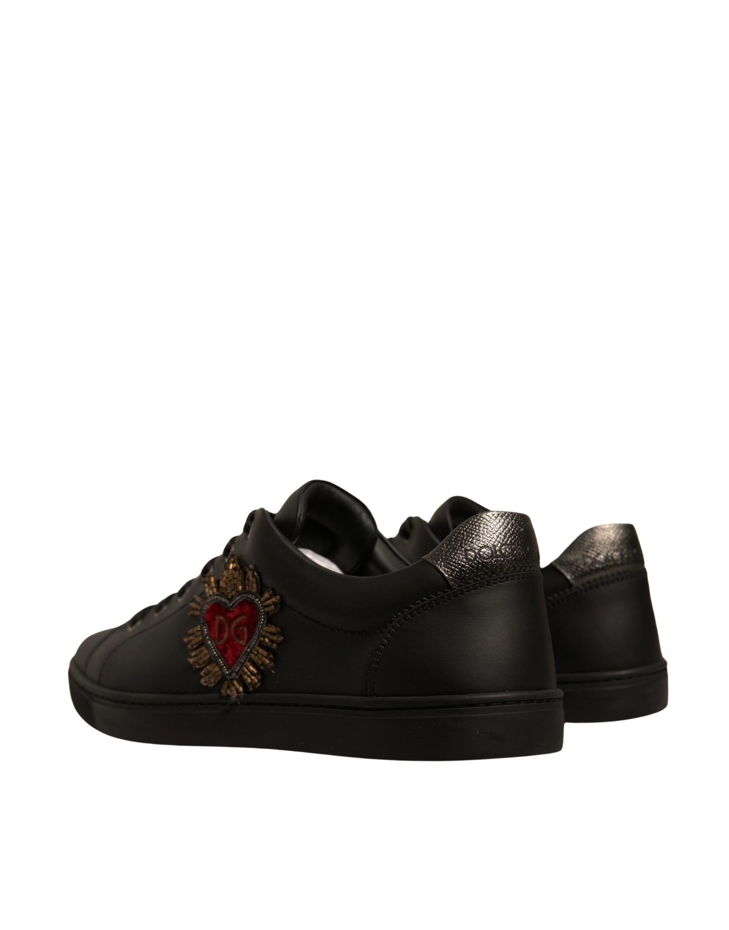 Black Leather Heart Embellished Sneakers Shoes