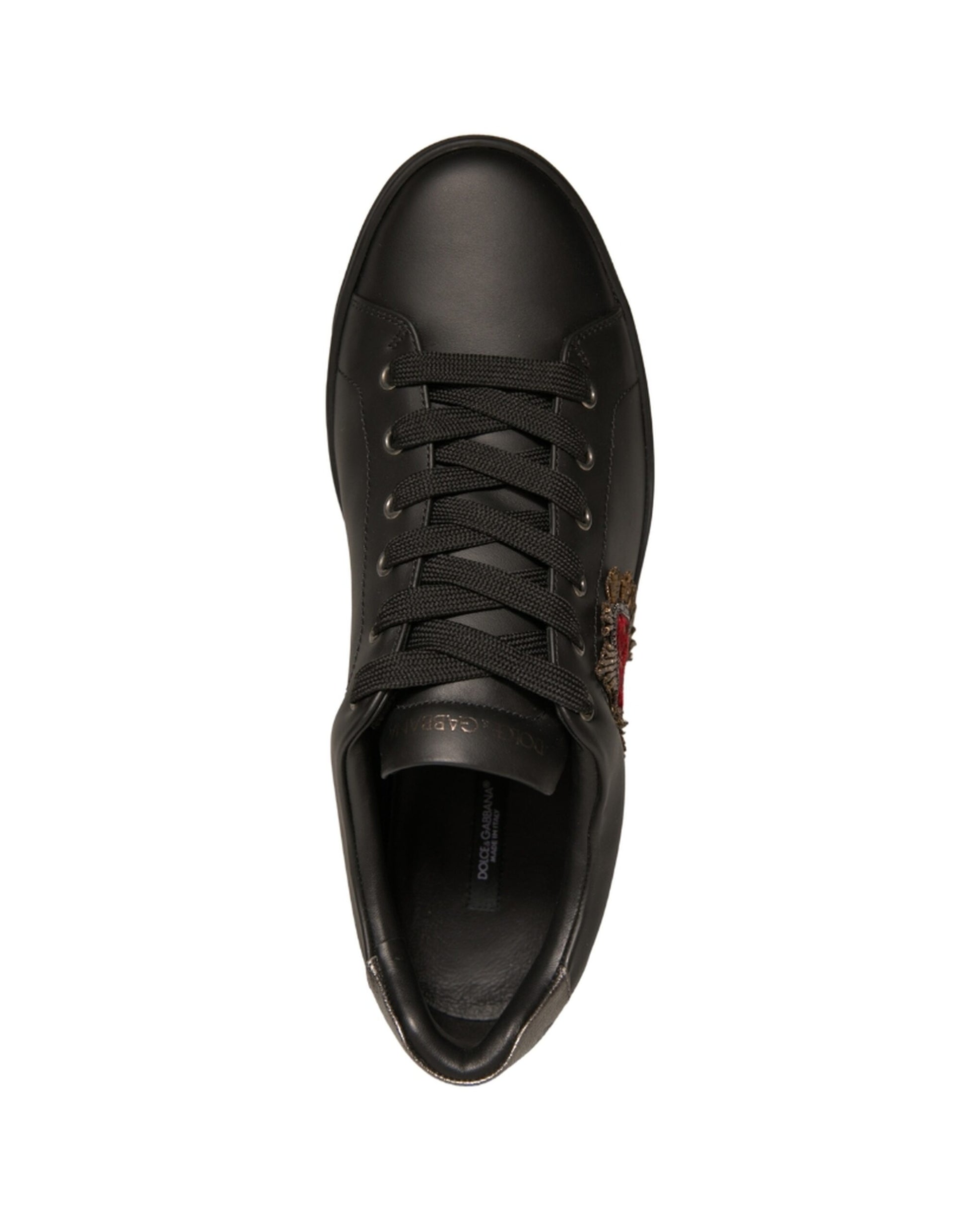 Black Leather Heart Embellished Sneakers Shoes