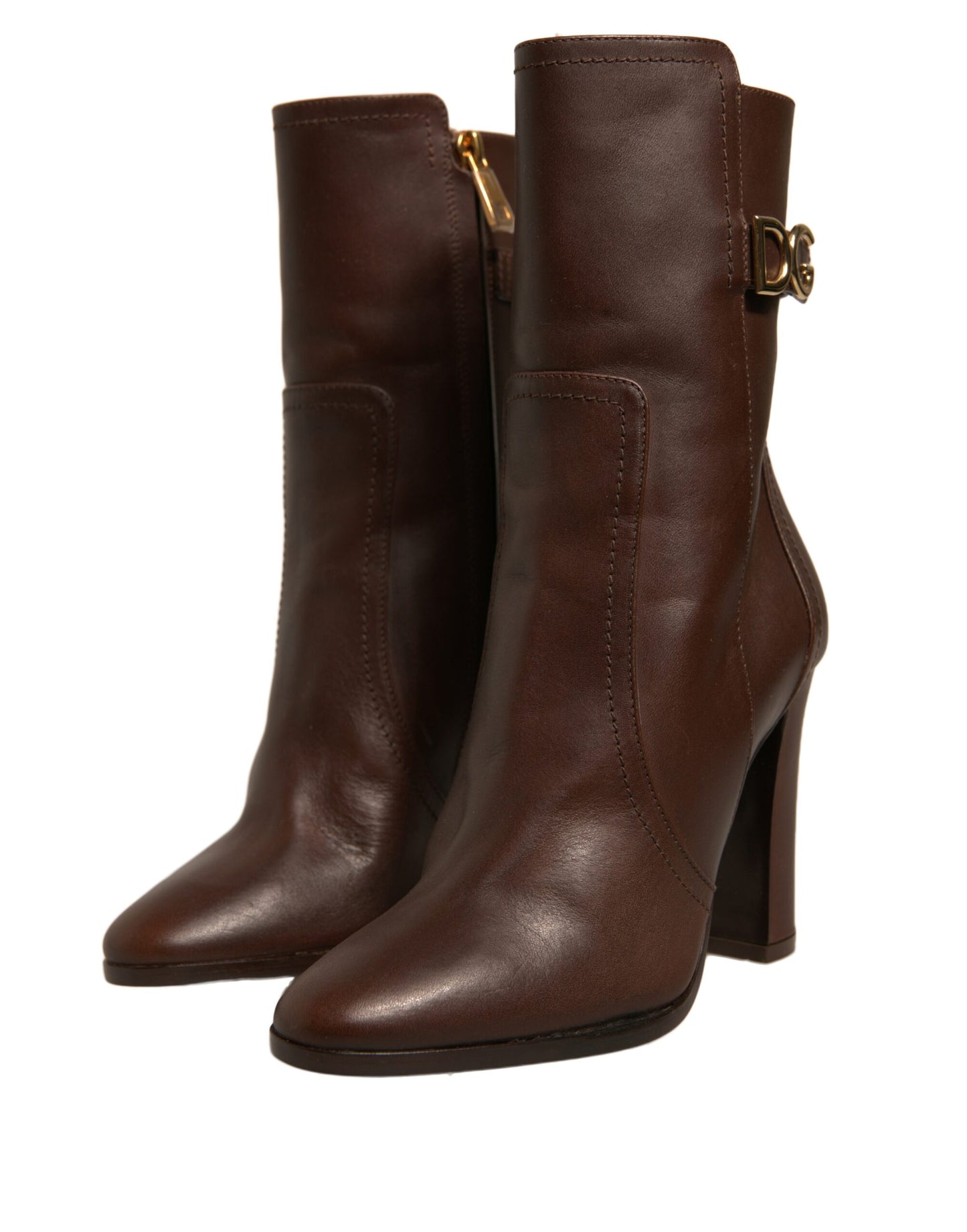 Brown Leather Heels Mid Calf Boots Shoes