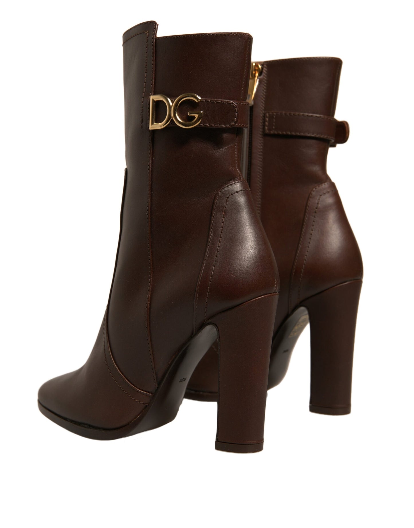 Brown Leather Heels Mid Calf Boots Shoes