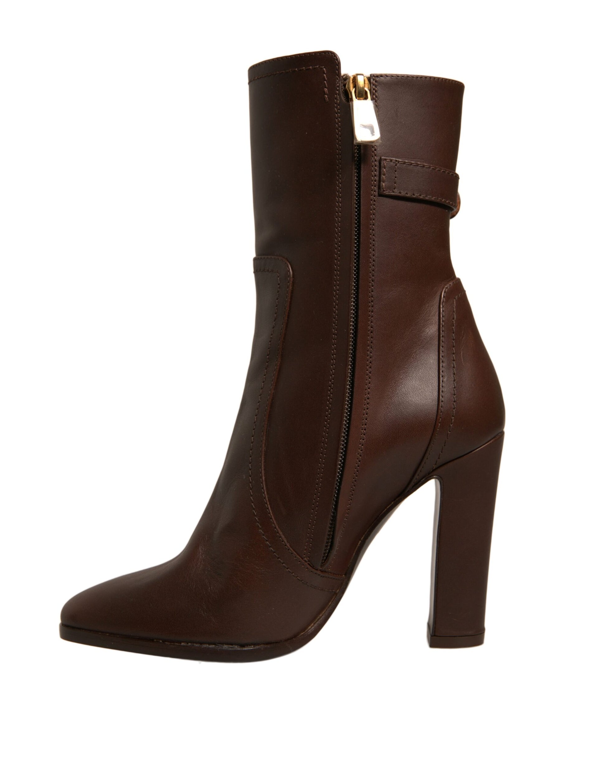 Brown Leather Heels Mid Calf Boots Shoes