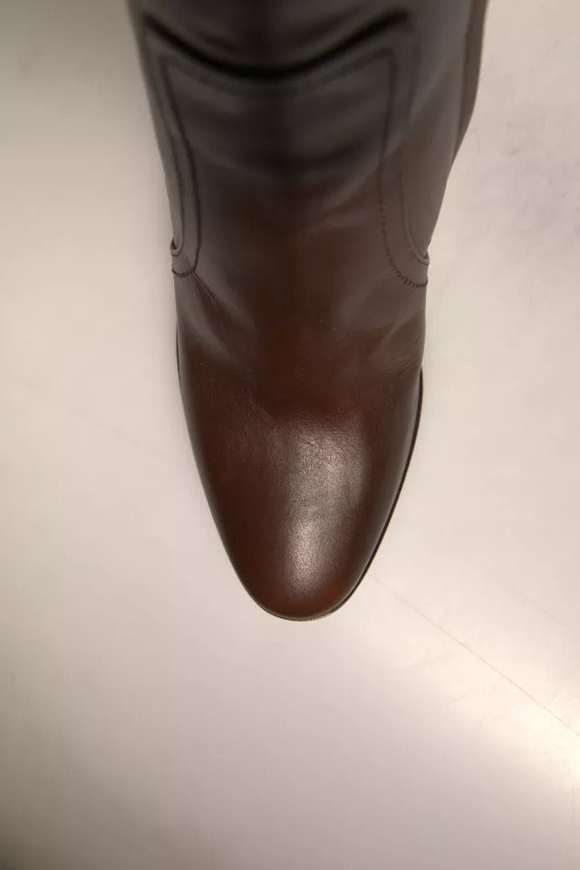 Brown Leather Heels Mid Calf Boots Shoes