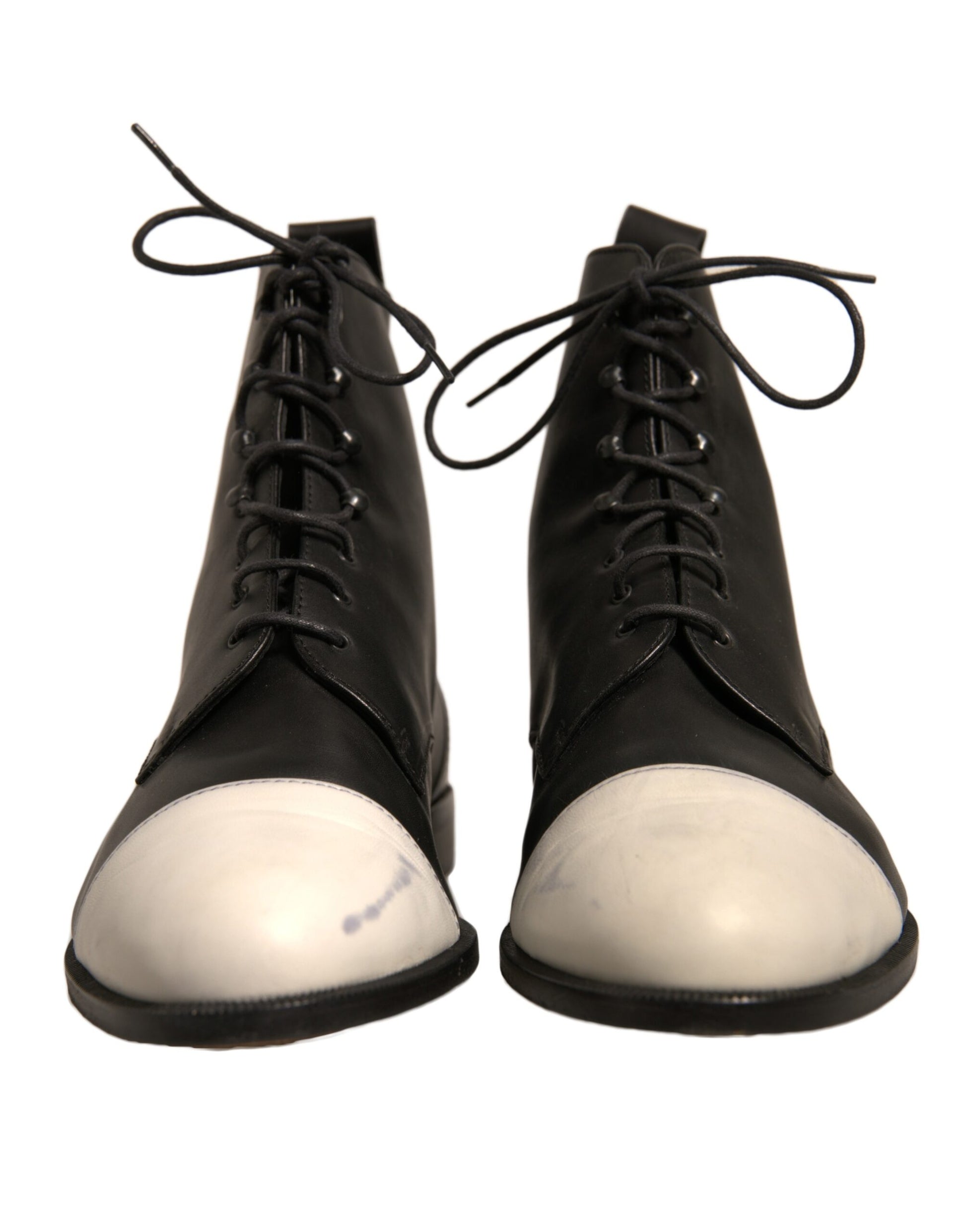 Black White Leather Lace Up Flats Ankle Boots Shoes