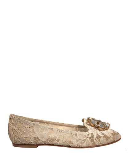 Beige Crystal Loafer Lace Ballet Flats Shoes