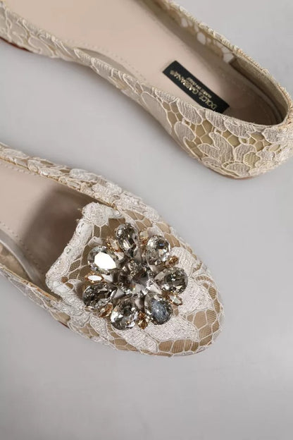 Beige Crystal Loafer Lace Ballet Flats Shoes