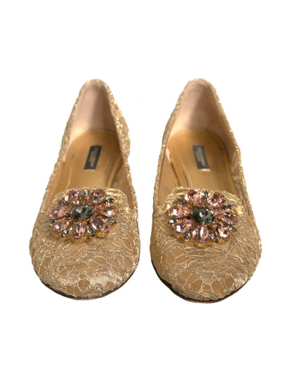 Gold Crystal Loafer Lace Ballet Flats Shoes