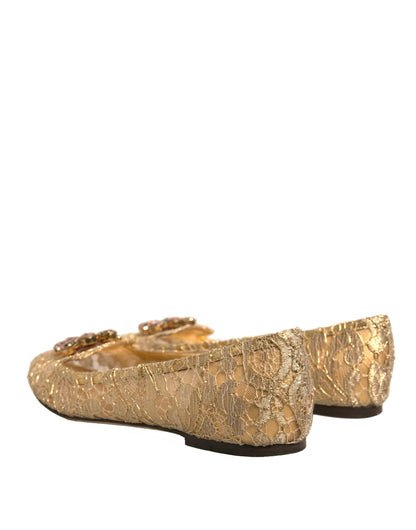 Gold Crystal Loafer Lace Ballet Flats Shoes