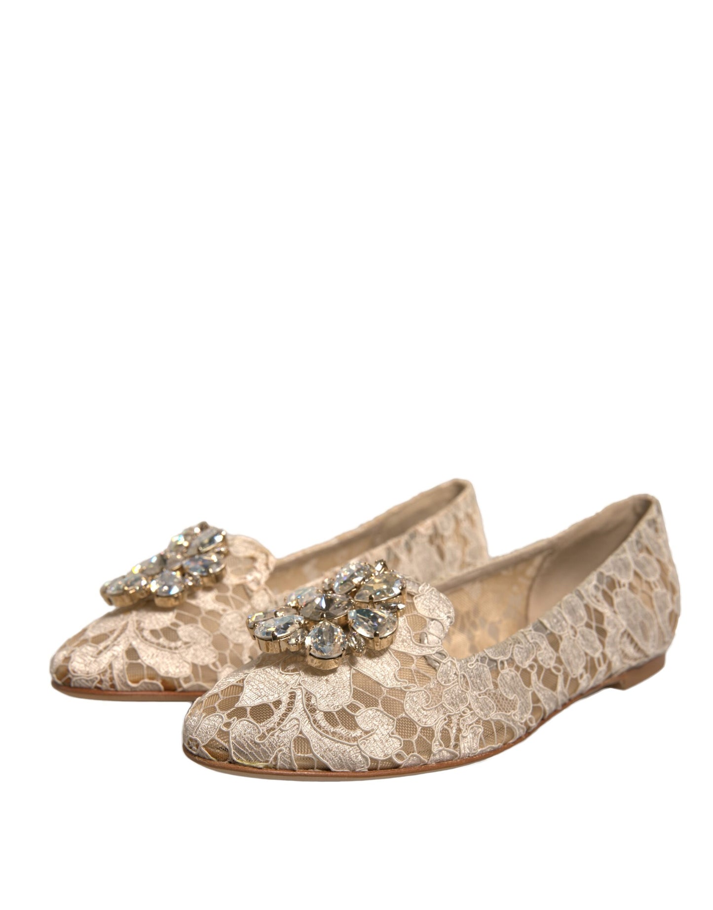 Beige Crystal Loafer Lace Ballet Flats Shoes