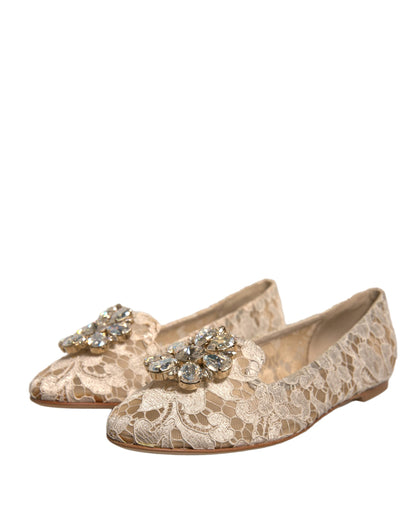 Beige Crystal Loafer Lace Ballet Flats Shoes