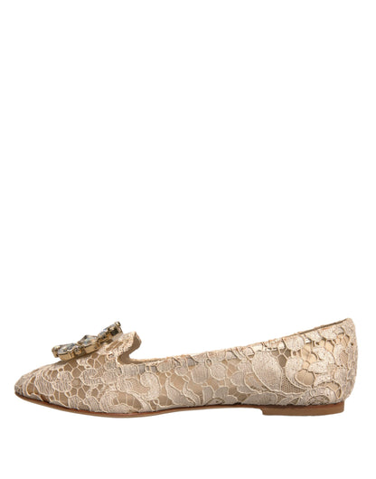 Beige Crystal Loafer Lace Ballet Flats Shoes