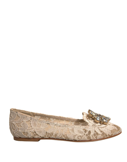 Beige Crystal Loafer Lace Ballet Flats Shoes